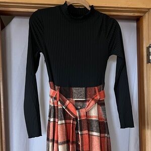 Black Ribbed Top with Plaid Skirt